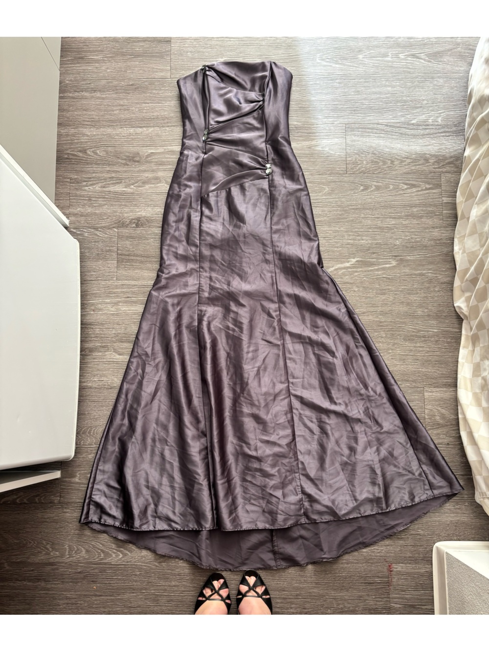 Jessica McClintock Strapless Satin Maxi Dress in Plum